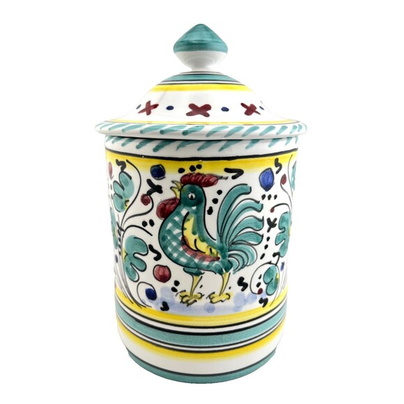 Deruta Pottery Canister Rooster Floral Pattern ITALY Coffee Sugar 7" Tall Multi - Picture 1 of 12